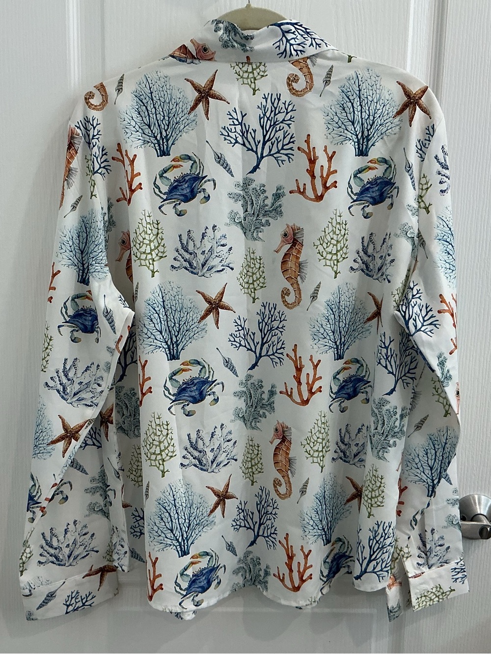 Ocean Print Button-Up Blouse in White with Blue & Rust Accents - Picture 11 of 11